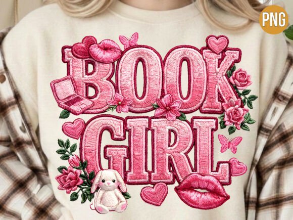Book Girl Pink Embroidery Patch PNG
