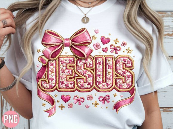 Jesus Embroidery Pink Flower Bow PNG