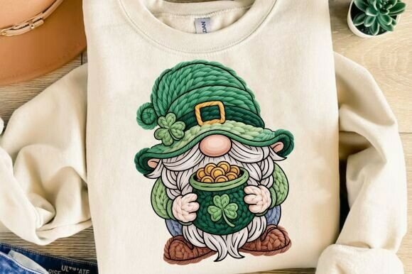 St Patrick Gnome PNG, Faux Embroidery